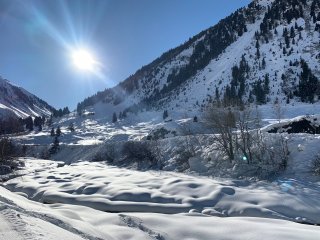 Strahlender Sonnenschein und glitzernder Schnee 