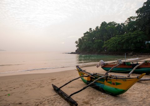 Typische sri lankische Fischerboote zieren den weiten Sandstrand des Talalla Retreats