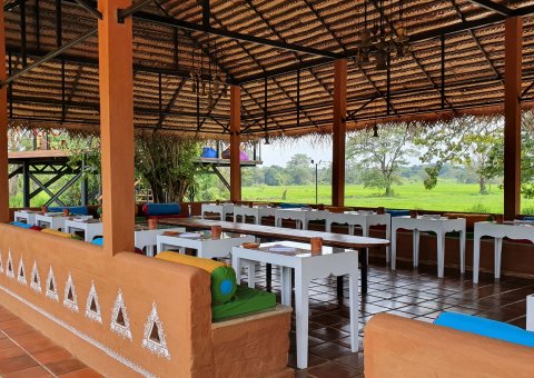 Im Restaurant das ayurvedische Essen mitten in der Natur genießen
