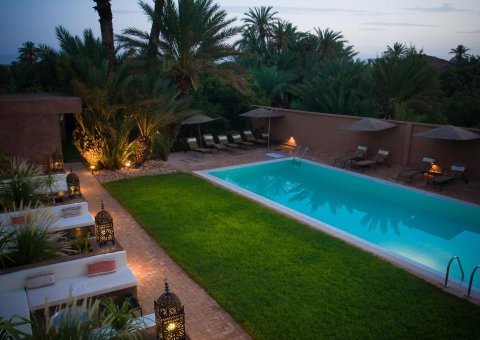 Entspanne im Pool unter Palmen im Riad Dar Chaama
