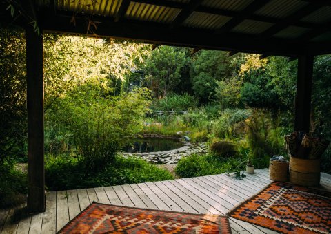Yoga üben direkt am Teich im Garten