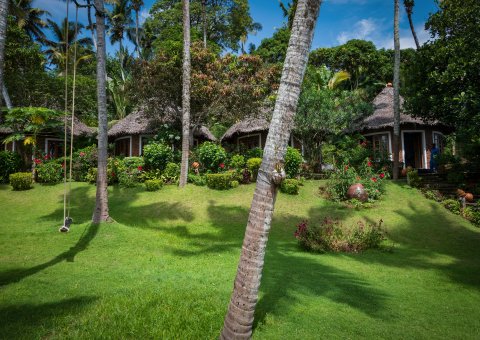 Blick in den Garten und auf die Bungalows