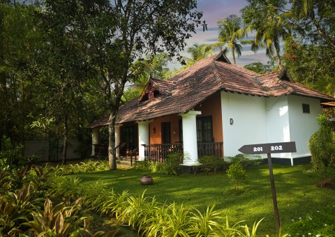 Im tropischem Grün stehen 20 Cottages im traditionellen Kerala-Stil