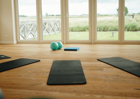 Der helle Yoga-Raum mit Blick ins Grüne